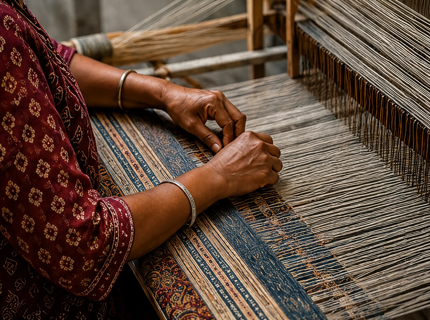 Indian artisan at work — traditional handloom weaving