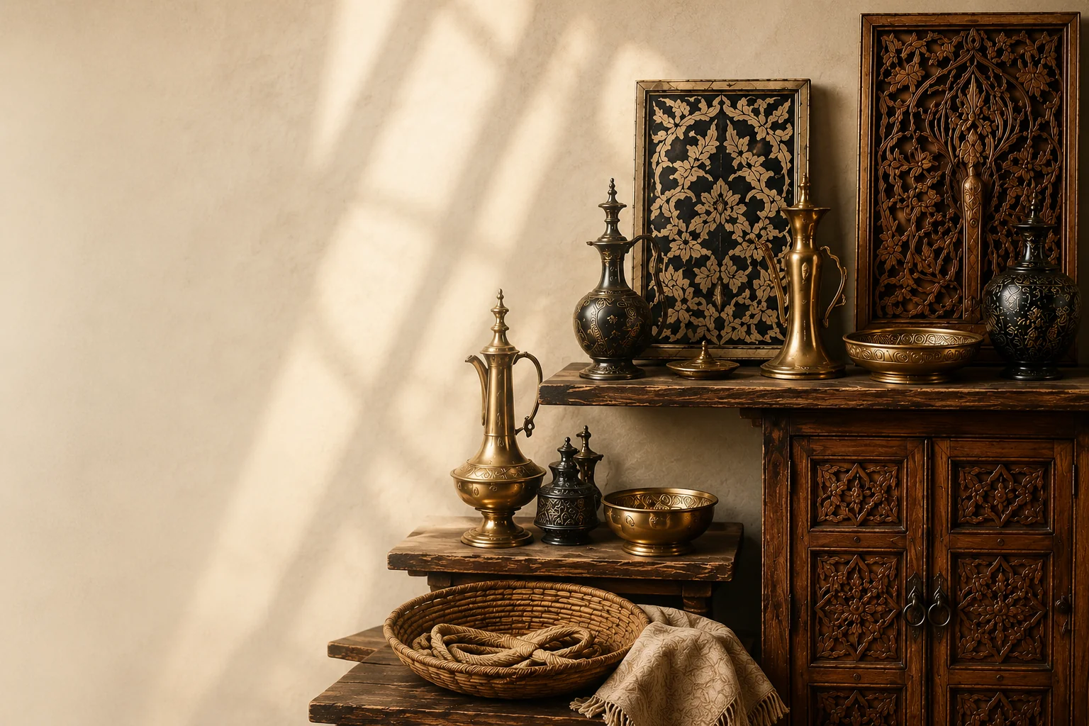 Indian handicrafts — brass lanterns, pottery, textiles and traditional artefacts